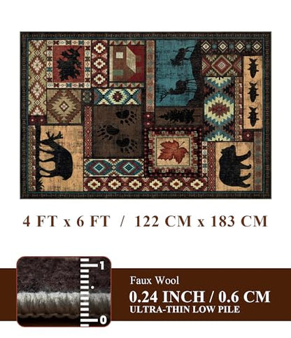 YIHOUSE Rustic Cabin Area Rug 4x6,Machine Washable Lodge Bear Rug,Non-Slip Low Pile Print Pattern Western Rug for Living Room Bedroom - color: Brown, size: 4'x6' (Rectangular)
