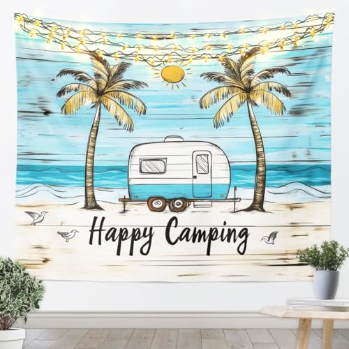 Feelyou Camper Tapestry Happy Camping Wall Art for Living Room Bedroom RV Camping Wall Hanging Blanket Camper Accessories for Travel Trailers Home Decor Small 51"x59" Cartoon Camping Car - color: Blue White, size: Small