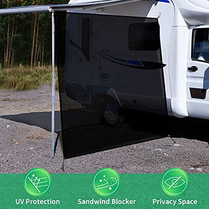 RV Awning Side Shade Screen 9'x 7' Breathabe Black Mesh Sunshade for Camper Trailer Canopy, UV Sun Blocker Complete Kits - size: 9’ x 7’