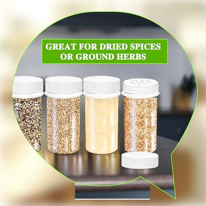50 Pack 1 oz Mini Plastic Spice Jars with White Caps Clear Round Spice Bottles with Sifters Small Empty Seasoning Containers for Travel Home Storing Spice Seasoning Powders - color: white and clear