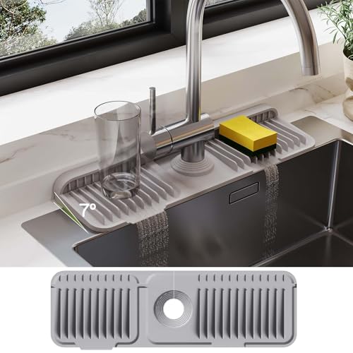 18 Inch Silicone Faucet Mat for Kitchen Sink Splash Guard – 2025 Upgraded Draining Mat with Water Tray Behind Faucet – Countertop Protectors to Catch Spills (Gray, 17.7" x 5.5") - color: Gray, size: 17.7" x 5.5"