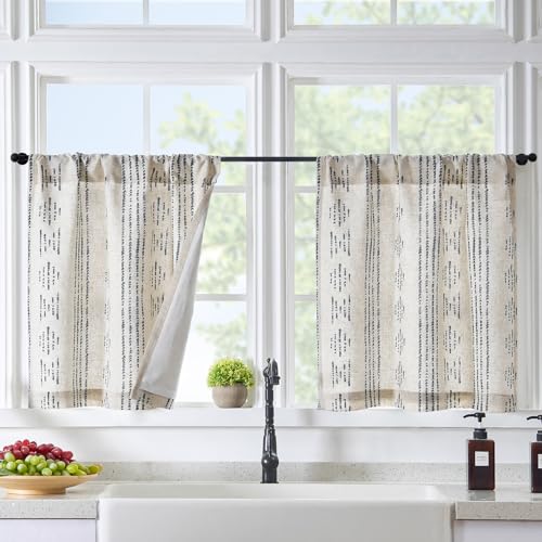 jinchan Boho Linen Kitchen Curtains 36 Inch Bohemian Geometric Striped Small Window Curtains Light Filtering Farmhouse Country Rustic for Bathroom Living Room RV RV 2 Panels Black - color: Privacy | Black on Beige, size: 25"W x 36"L (Pack of 2)