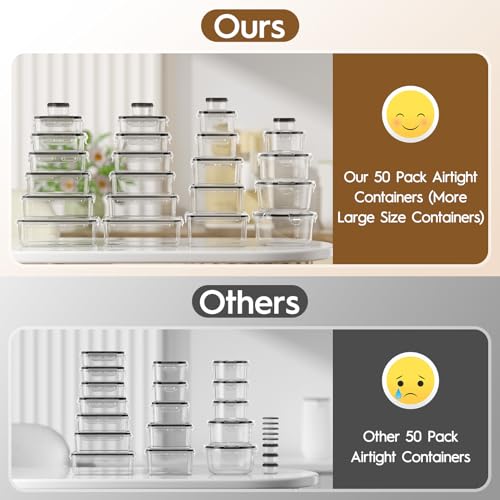 KEMETHY 50 PCS Food Storage Containers with Lids Airtight, Total 629oz, BPA-free, Food-grade, Eco-friendly Material, Leak Proof Plastic Containers, Microwave/Dishwasher Safe - color: 50 PCS