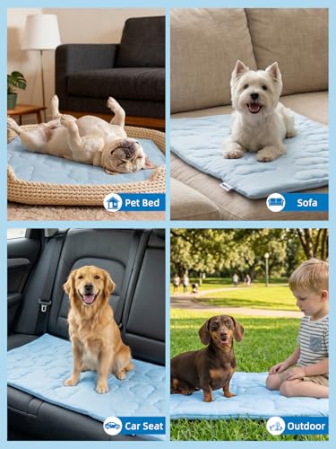 Huafly Dog Cooling Mat,Dual-Sided Cooling Mat for Dogs–Cooling Fabric for Summer,Velvet for All Seasons–Portable for Crate,Car Seat,Sofa&Floor,Machine Washable,Keeps Cats,Dogs&Puppies Cool,Cloud Blue - size: L: 48.0" L x 28.0" W x 0.8"Th
