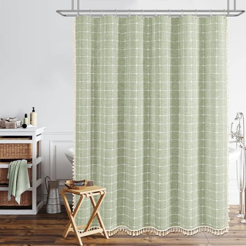 BTTN Extra Long Shower Curtain - 72x90 Inch Long Boho Tassel Linen Fabric Shower Curtain Set with 12 Plastic Hooks, Modern Farmhouse Elegant Heavy Duty Cloth Shower Curtains for Bathroom - Sage Green - color: A - Sage Green, size: 72"W x 90"L (Pack of 1)
