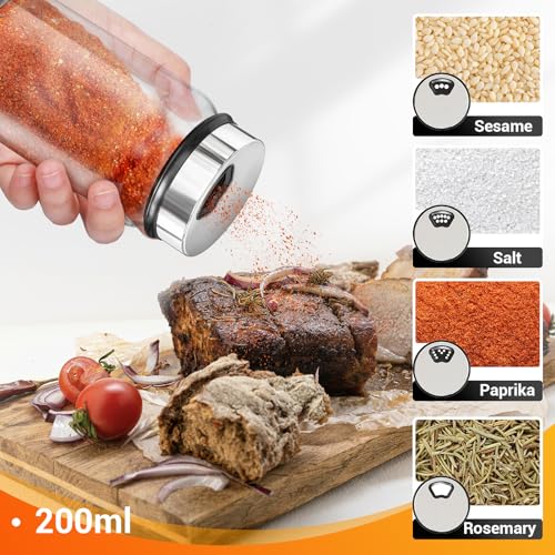 Segarty Spice Jars Set, 3 Pack 6 oz Glass Spice Jar with Labels, Seasoning Bottles Set with 136 Blank Stickers, 1 Chalk Marker, 1 Brush, Salt and Pepper Shakers with Ajustable Holes Lids - size: 7oz / 200ml