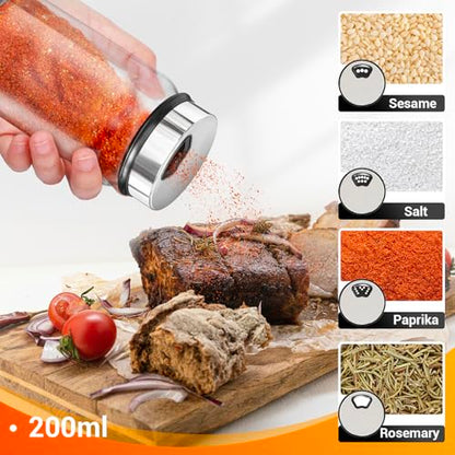 Segarty Spice Jars Set, 3 Pack 6 oz Glass Spice Jar with Labels, Seasoning Bottles Set with 136 Blank Stickers, 1 Chalk Marker, 1 Brush, Salt and Pepper Shakers with Ajustable Holes Lids - size: 7oz / 200ml
