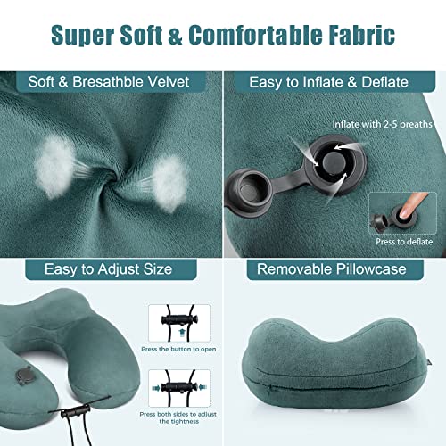 Compact Travel Neck Pillow for Airplanes, Super Soft Velvet Neck Support, Adjustable Firmness, Inflatable Plane Pillow for Long Flights, Road Trips, Travel Essentials with Eye Mask, Earplug - color: Dark Green