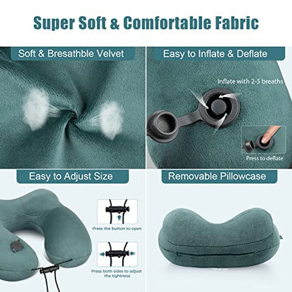 Compact Travel Neck Pillow for Airplanes, Super Soft Velvet Neck Support, Adjustable Firmness, Inflatable Plane Pillow for Long Flights, Road Trips, Travel Essentials with Eye Mask, Earplug - color: Dark Green