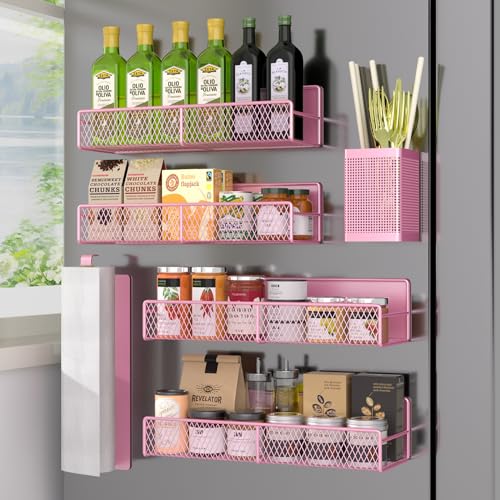 Magnetic Spice Rack for Refrigerator, 6 Pack Metal Magnetic Shelf Pink, Moveable Spice Organizer, Strong Magnetic Storage Fridge Organizer with Paper Towel Holder, Utensils Holder - color: Pink, style: 6 Pack
