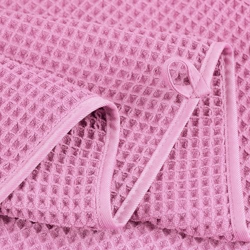 POLYTE 430 GSM Microfiber Quick Dry Lint Free Oversize Bath Towel Set, 6 Piece (Waffle Weave) - color: Pink
