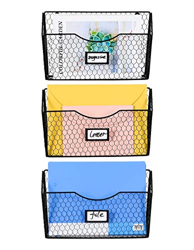 PAG 3 Pockets Hanging File Holder Wall Mount Mail Organizer Metal Chicken Wire Magazine Rack with Tag Slot, Black - color: Black, size: 3 Pockets