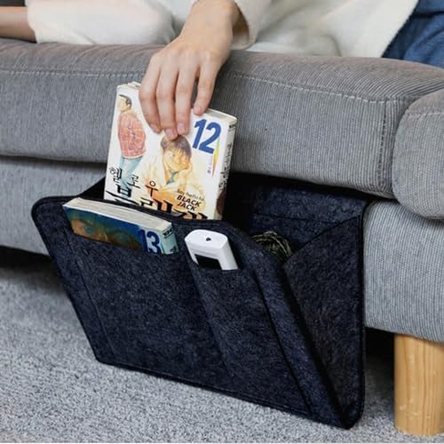 Bringsine 5 Pockets Bedside Caddy, Felt Bed Storage Organizer Hanging Bag Holder for Magazine Book Phone Tablet iPad Cables Remote and Glasses Holder Home Dorm Bed Sofa-Black - color: Black, size: 5 Pockets + Glasses Holder