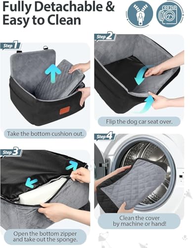 WOOAIDAGG Dog Car Seat for Small Dogs Under 30lbs, Comfy & Safe Travel Bed with Washable Cover, 2 Clip-On Safety Leashes and Pockets, Anti-Slip Base, Easy to Install(Black/Grey) - color: Black/Grey