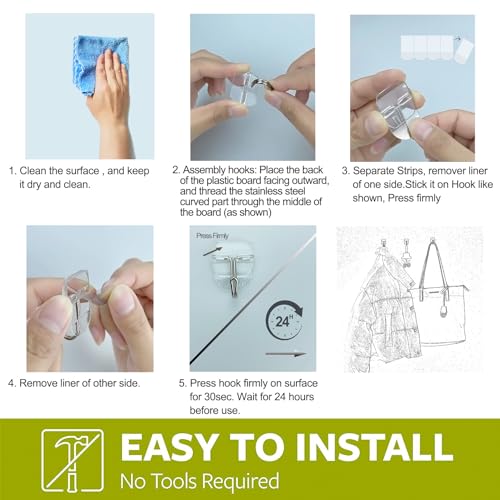 15 Clear Small Wall Hooks with 20 Strips for Hanging, Wire Toggle Hooks for Walls No Damage, Utility Hooks Heavy Duty with Adhesive Strips for Hanging Decorations in Living Spaces, No Tools.