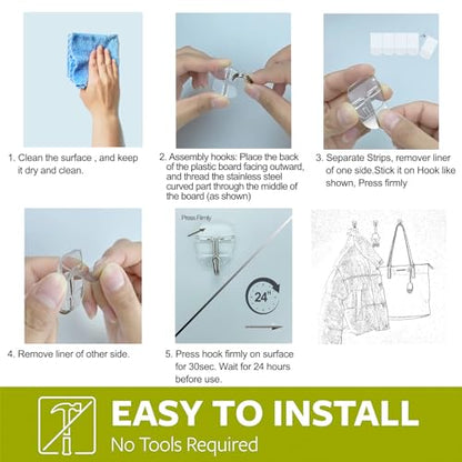 15 Clear Small Wall Hooks with 20 Strips for Hanging, Wire Toggle Hooks for Walls No Damage, Utility Hooks Heavy Duty with Adhesive Strips for Hanging Decorations in Living Spaces, No Tools.