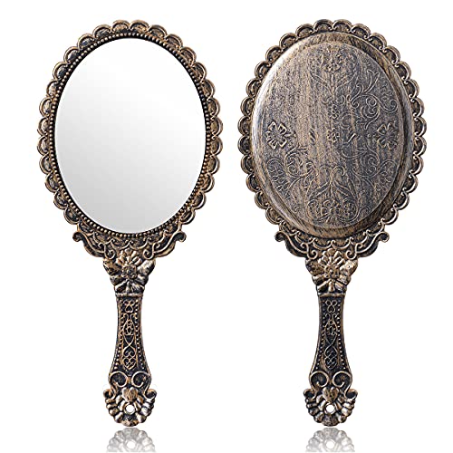 2Pcs Vintage Handheld Mirror,Decorative Mirrors for Face Makeup Cosmetic Mirror Hand Held Travel Mirrors Personal Cosmetic Mirror with Powder Puff(Bronze) - color: Bronze