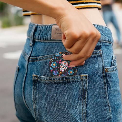 Mexican Sugar Skulls Flowers Print Foldable Travel Pocket Mirror Round PU Leather Portable Mini Makeup Double Sided Handheld Magnifying,2.6 in - color: Mexican Sugar Skulls Flowers