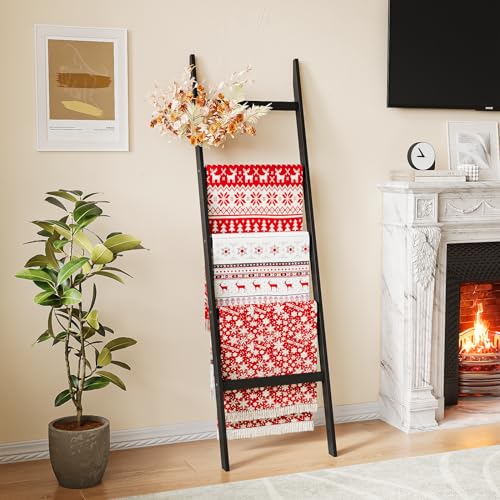 Blanket Ladder Towel Racks For Bathroom 5 Layers Towel Holder 100% Bamboo Wood Sturdy Construction No Need Wall Drilling Quilt Scarf Storage Solution Decorative Leaning Shelf for Living Room (Black) - color: Black