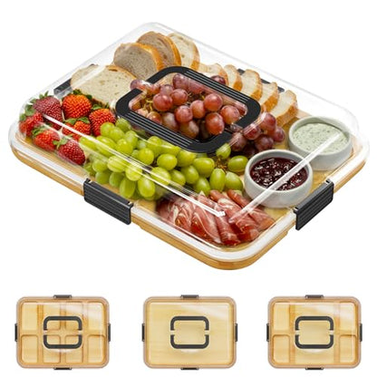 SpaceAid Charcuterie Board with Clear Lid, Portable Travel Cheese Cutting Boards for Picnic Accessories, Bamboo Serving Tray with Lids, House Warming Gifts, Black Handles, 1 Compartments - color: Black Handles, 1 Compartment