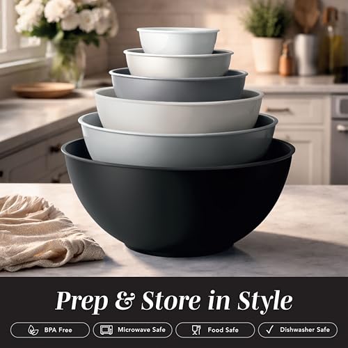 COOK WITH COLOR Mixing Bowls with TPR Lids - 12 Piece Plastic Nesting Set includes 6 Prep and Lids, Microwave Safe Bowl (Black Ombre) - color: Black Ombre TPR Lids