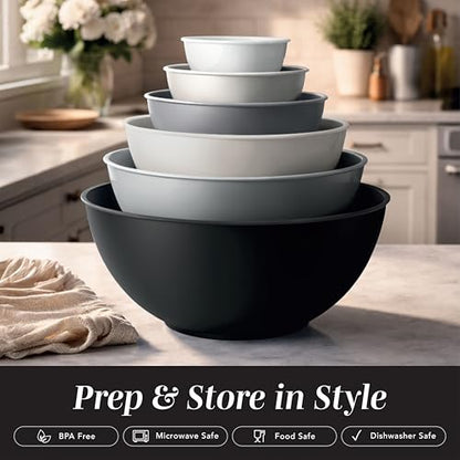 COOK WITH COLOR Mixing Bowls with TPR Lids - 12 Piece Plastic Nesting Set includes 6 Prep and Lids, Microwave Safe Bowl (Black Ombre) - color: Black Ombre TPR Lids