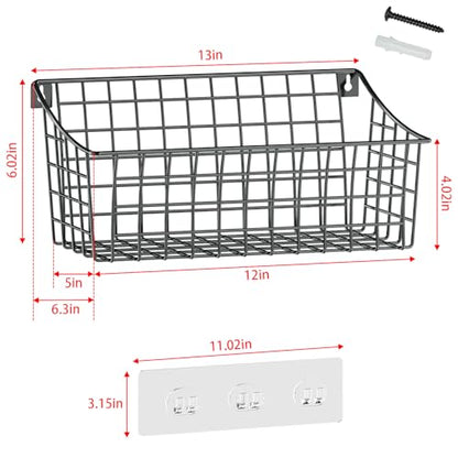 2 Pack Wall Hanging Baskets for Organizing, Large Metal Wire Basket with 5 Hooks+2 Strong Long Adhesive Hooks,Kitchen Hanging Mesh Organizer, Wall Mounted Bin for Kitchen, Bathroom, Bedroom,SUV,Garage - size: 13"L x 6.3"W x 6.02"H-2Pack