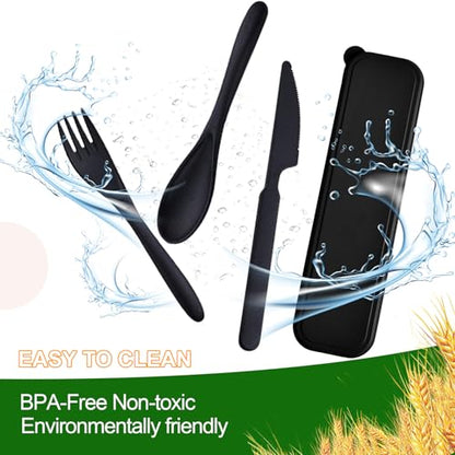 Travel Utensils with Case, 12 Sets Camping Utensil Sets, Wheat Straw Portable Knife Fork Spoons Tableware, Reusable Utensils for Lunch Box (Black) - color: Black-12Pack