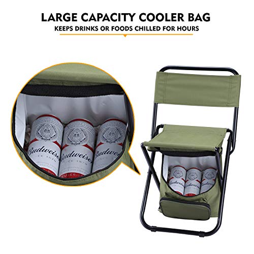 LEADALLWAY Fishing Chair with Cooler Bag Compact Fishing Stool Foldable Small Hunting Chair 12.2" Seat Depth,12.6" Seat Width - color: Green