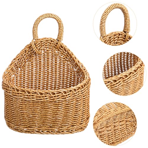 Toyvian Wall Hanging Woven Basket, Boho Plastic Rattan Storage Bin for Garlic Ginger Onion Decorative Farmhouse Wall Basket for Kitchen Pantry Bathroom Garden Washable, 9.6x7.5inch