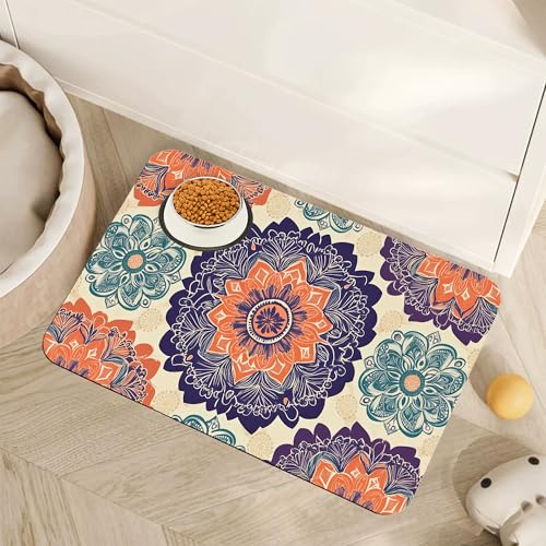Mandala Flower Dog Cat Food Mat,Vintage Boho Floral Absorbent Pet Feeding Mat with Rubber Backing,Non-Slip Water Bowl Placemat,Indoor Pet Accessories Supplies 12"x20" - color: Mandala Flower Vintage Boho, size: 12"×20"