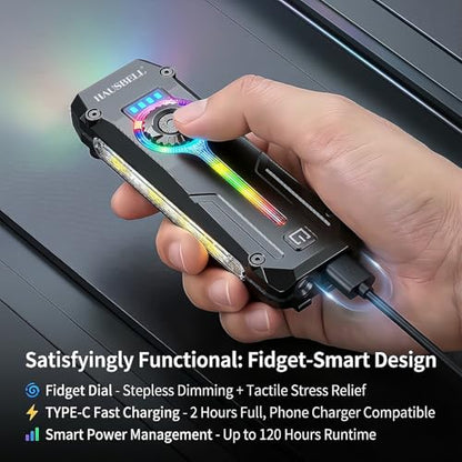 HAUSBELL Flat EDC Flashlight,1800 Lumen UV Magnetic Rechargeable Pocket | Stepless Dimming Dial,Stainless Steel Body,RGB+UV,USB-C Fast Charge,Magnetic Base,Waterproof, for Work,Camping & Emergency - color: Black