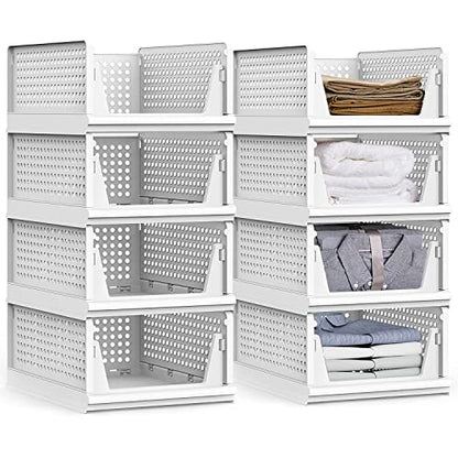 yazi Stackable Storage Bins,8 Pack Foldable Plastic Wardrobe Clothes Organizer Drawer Shelf Storage Basket Container Plastic Drawer Organizer Shelf Baskets Folding Containers Bins Cubes - size: 8L