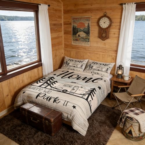 Castle Fairy RV Happy Camping Duvet Cover Set Twin Size,Home is Where We Park It Comforter Cover for Kids Boys Bedroom Gift,Rustic Farmhouse Camping Lovers Bedding Set with 1 Pillowcase Bedspread - color: Multi 15, size: Twin 68"x90"