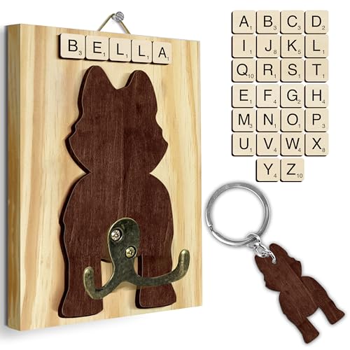 Husky Dog Leash Holder Wall Mount with Scrabble Letters, Wooden Dog Wall Hook Organizer, Pet Collar and Harness Holder Entryway, Key Hook & Leash Rack, Home Decor for Pet Lovers PF297-45 - color: Husky, size: 7.8″ x 5.5"