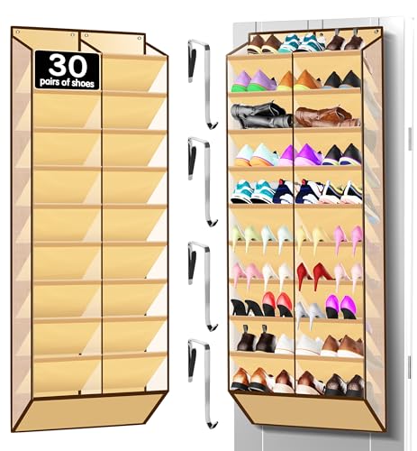 Kotkn 10-Tier Over the Door Shoe Organizer, 20 Pockets Holds 20-30 Pairs, Heavy-Duty Oxford Fabric with Hexagon Mesh for Boots & Sneakers, Beige - color: 20-cell Beige