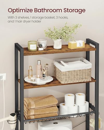 VASAGLE BARNET Collection - Over the Toilet Storage, Over Toilet Bathroom Organizer with Adjustable Shelves and Basket, 3 Hooks, Space Saving, 9.4 x 23.6 x 63 Inches, Rustic Brown UBTS113KD01S - color: Rustic Brown, style: 3 Tiers (63" H)