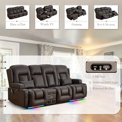 TUNYI Power Loveseat Recliner Sofa with Massage & Heat Home Theater Seating with Console RV Recliner Loveseat Sofa with USB/Storage/Side Pocket/LED Light/Speaker (Brown, 3 Seat with Console) - color: Brown, size: 3 Seat with console