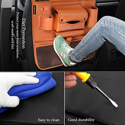 Car Backseat Organizer with Foldable Table Tray,Car Storage Organizer with Tablet Holder,Car Seat Back Protectors Kick Mats,Premium PU Leather Material,Compatible with Most Vehicles