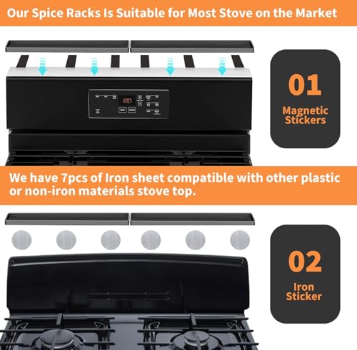 BFONS 30" Magnetic Stove Top Shelf Spice Rack Storage, Silicone Top Heat Material Stove Rack Shelf Flexible Seasoning Organizer Kitchen Shelves Gadgets with 2 Functional Prtitions for Kitchen （Grey） - color: Grey