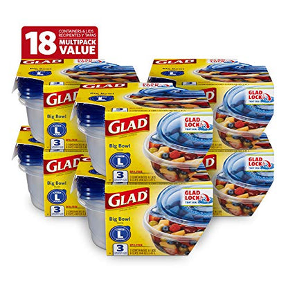 Glad GladWare Big Bowl Food Storage Containers with Lids, Large Round No BPA Plastic Containers for Soups, Salads, and Meal Prep, Lock Tight Seal, Microwave Dishwasher Safe, 48 Oz, 3 Count - 6 Pack - size: 3 Count (Pack of 6), style: Round