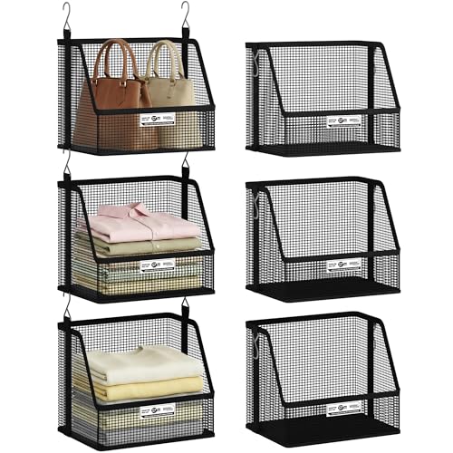 STORAGE MANIAC 3 Tier Hanging Closet Organizer with Mesh Baskets, Clothes Hanging Shelves, Foldable Stackable Storage, Space-Saving Collapsible Basket with Hooks for RV, Dorm, Bedroom, College, Black - size: 3 Tier