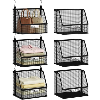 STORAGE MANIAC 3 Tier Hanging Closet Organizer with Mesh Baskets, Clothes Hanging Shelves, Foldable Stackable Storage, Space-Saving Collapsible Basket with Hooks for RV, Dorm, Bedroom, College, Black - size: 3 Tier