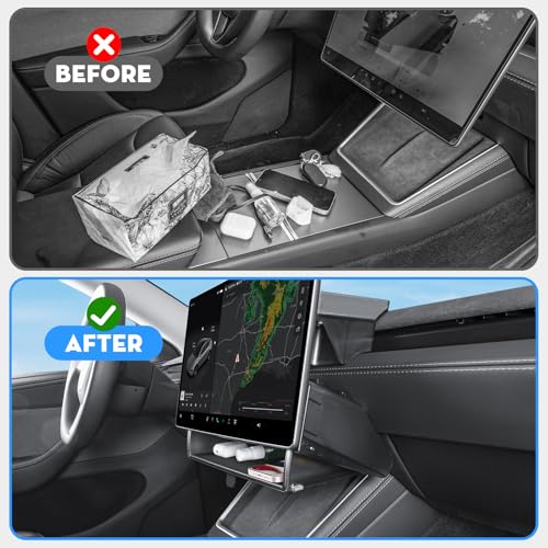 Under Screen Storage Organizer for 2026 New Model Y Juniper,[Retractable & Tool-Free] Under Screen Storage Box with Behind Screen Tissue Holder Compatible with Tesla 2025-2026 Model Y Juniper - size: 2025-2026 Model Y Juniper & 2024-2025 Model 3
