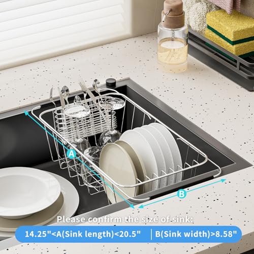 JAQ Over Sink Dish Drying Rack for Small Sink, Compact Expandable 14.25"–22.44", Adjustable 304 Stainless Steel Dish Drainer with Utensil Holder, Space Saving for Small Kitchen - size: 304 Stainless Steel - 9 dishes