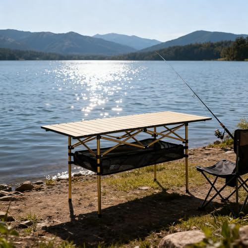 Outdoor Folding Table, Built-in Storage & Carry Bag | Ultralight 7.93LBS, 225LBS Heavy Duty, Aluminum Top, Carbon Steel Frame, for Camping, Picnic, Beach, BBQ - color: Yellow