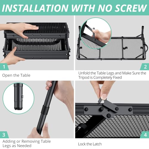 VINTEAM Folding Grill Table with Mesh Top, 3 Adjustable Heights, Lightweight Portable Camping Table, Black Aluminum Alloy BBQ Picnic Table for Outdoor Cooking, Tailgating, Beach, RV & Backyard - style: 3-Fold Mesh Tabletop