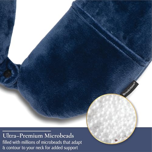 Brookstone Microbead Neck Pillow - Super Soft Cozy Lightweight Plush Travel Pillow with Phone or Headphone Pocket, Blue - color: Blue