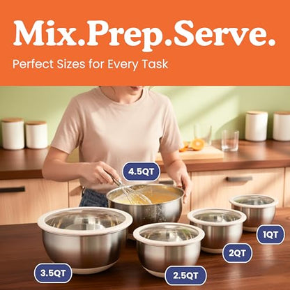Non-Toxic Stainless Steel Mixing Bowls, Glass Lids, Plastic Free, 5-Pcs | LFGB platinum silicone seal. Keeps food fresh longer. Airtight. Non-slip silicone base. Dishwasher safe. Measurement marks.