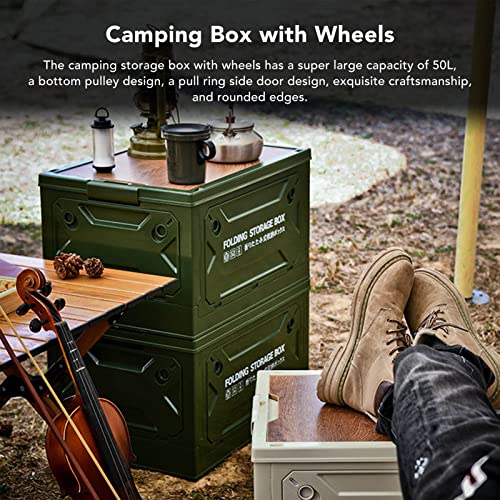 Foldable storage box, plastic campsite with wooden lids, storage tank with 50 lane and casters 50L, for camping, car trunk (OD Green) - color: OD Green